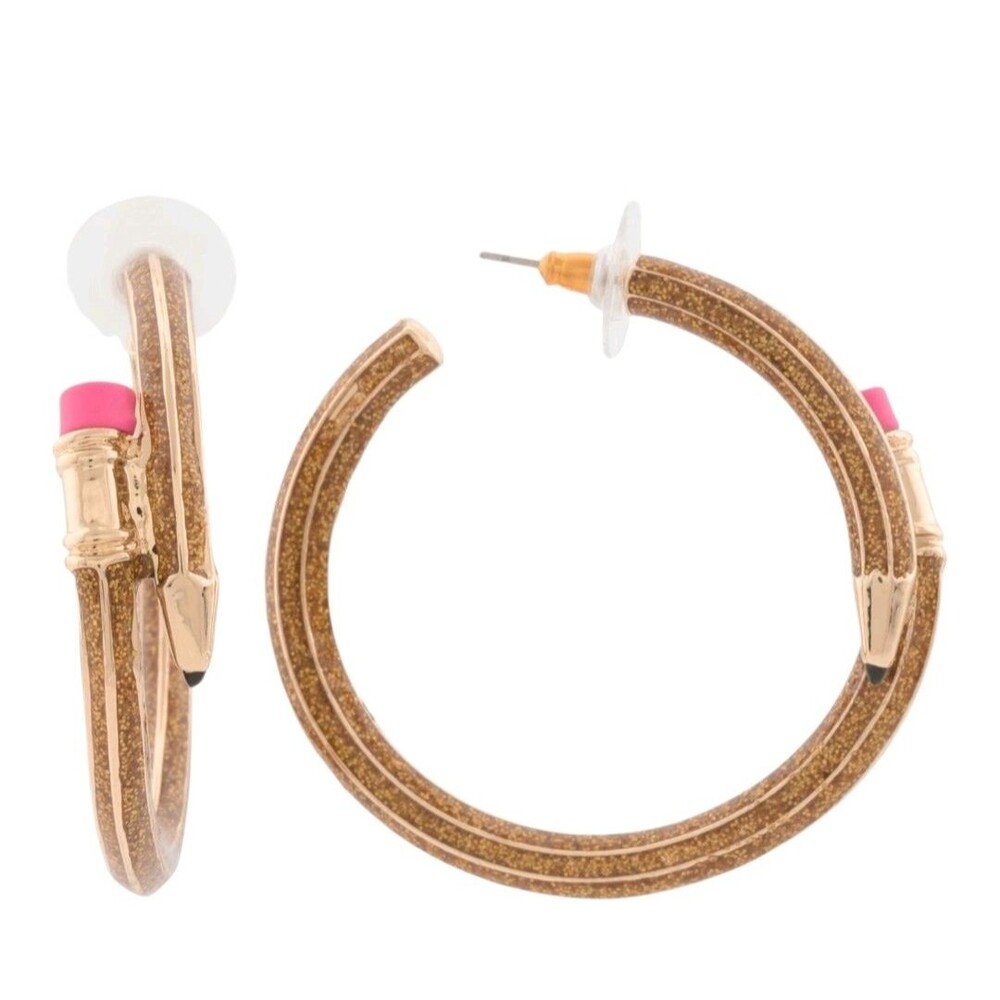 Betsey Johnson Gold Glitter Pencil Enamel Hoop Earrings Teacher Gift New